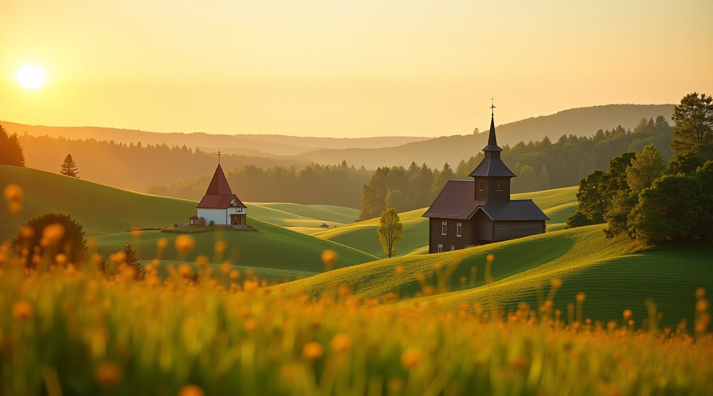 Lauku skats ar tradicionālo baznīcu Vidzemē