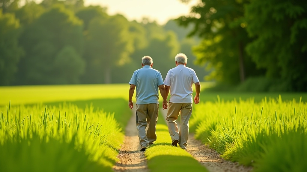 Seniori pastaigā lauku ceļā starp laukiem un mežiem, skaidrs vasaras laiks
